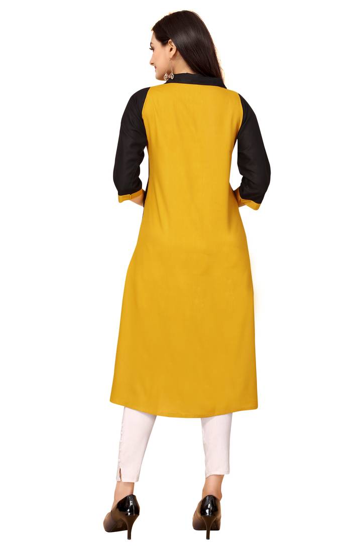 Mustard And Black Color Styles Rayon Long Kurti.