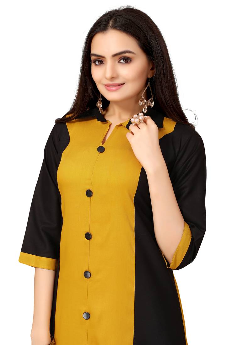Mustard And Black Color Styles Rayon Long Kurti.