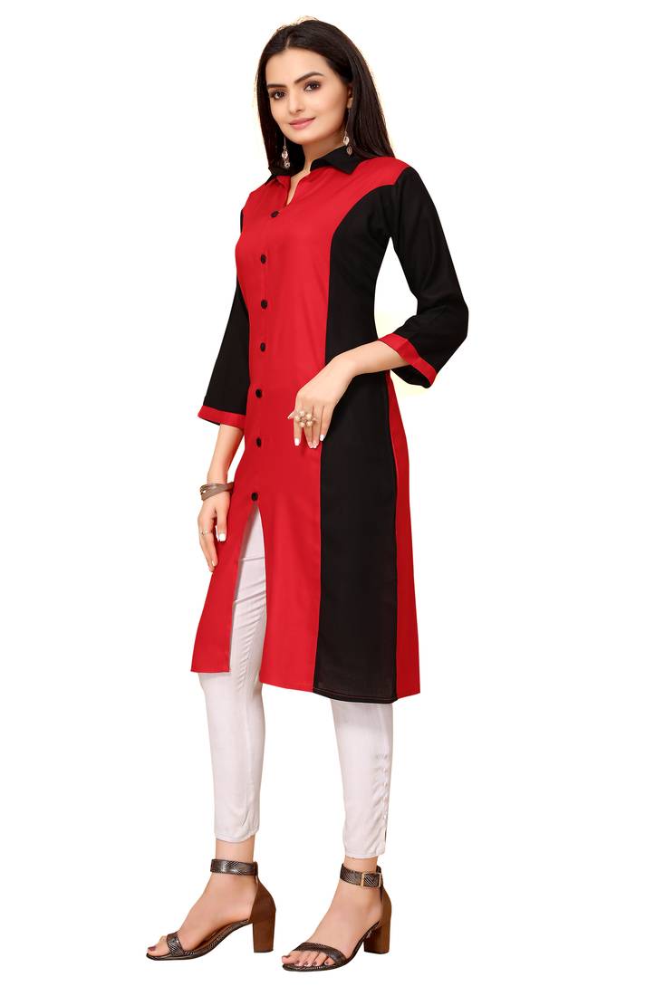 Red And Black Color Styles Rayon Long Kurti.