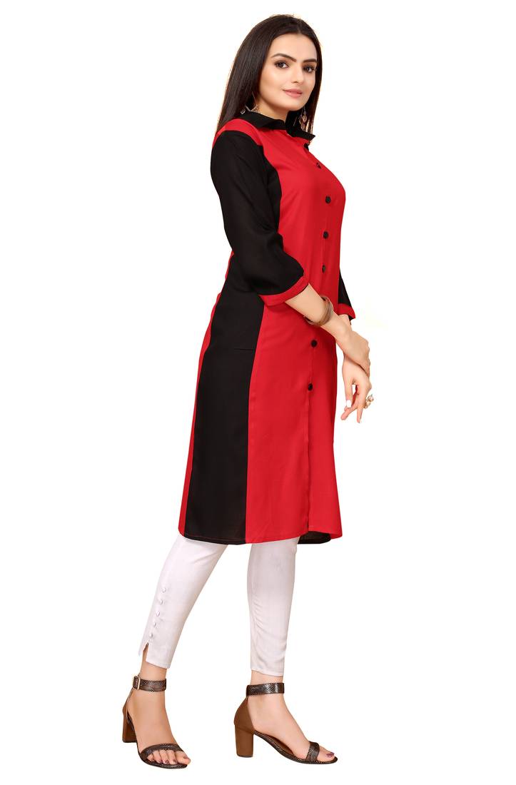 Red And Black Color Styles Rayon Long Kurti.