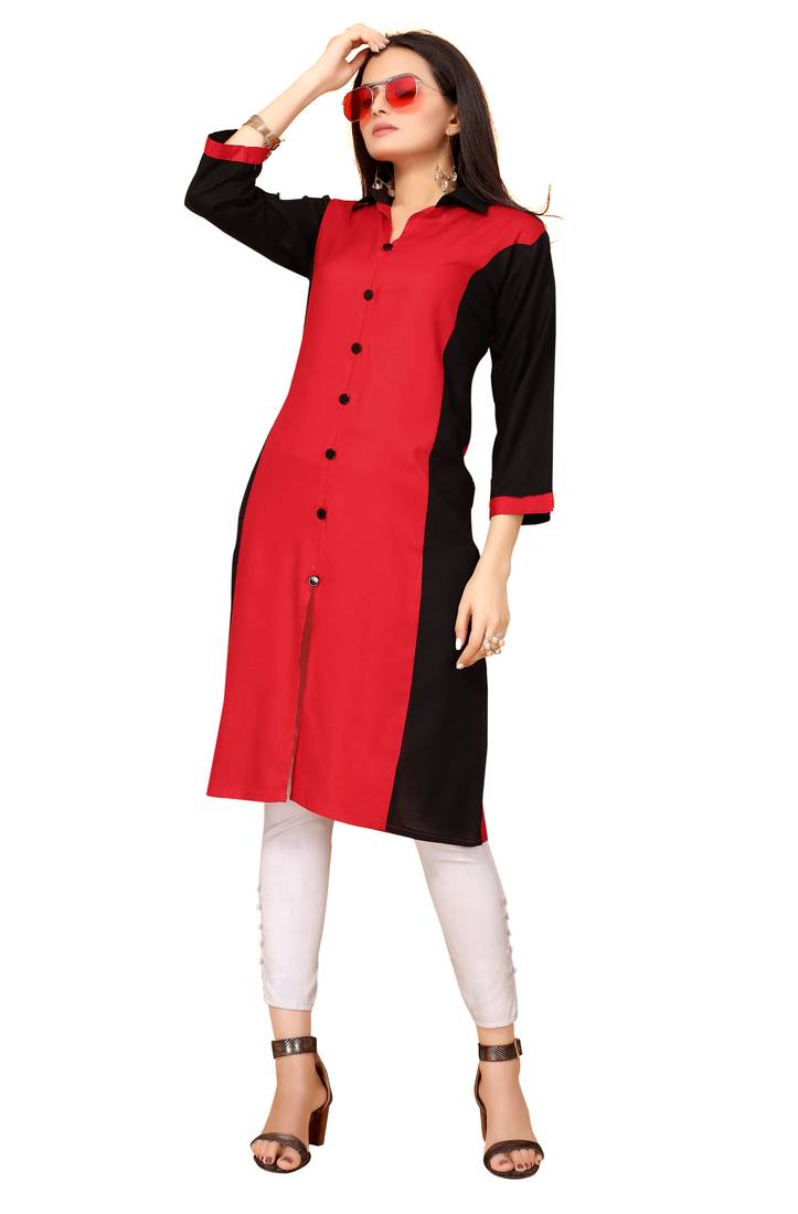 Red And Black Color Styles Rayon Long Kurti.