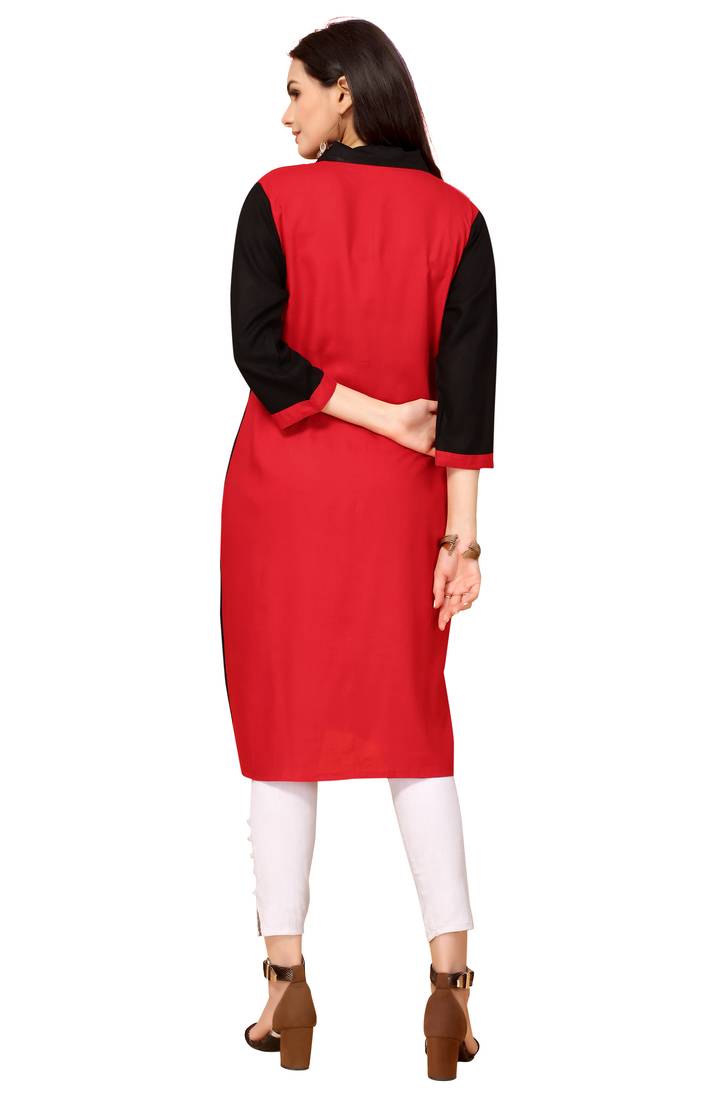 Red And Black Color Styles Rayon Long Kurti.