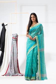 Aqua blue woven cotton silk saree with blouse