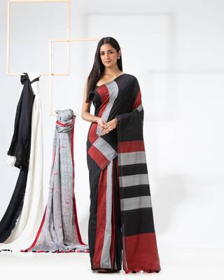 Black woven cotton saree with blouse 1