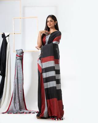 Black woven cotton saree with blouse 2