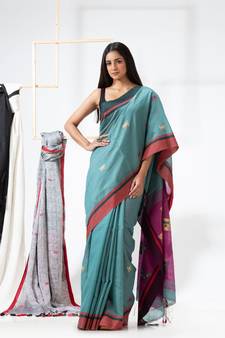 Green woven cotton silk saree with blouse