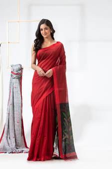 Red woven cotton silk saree with blouse