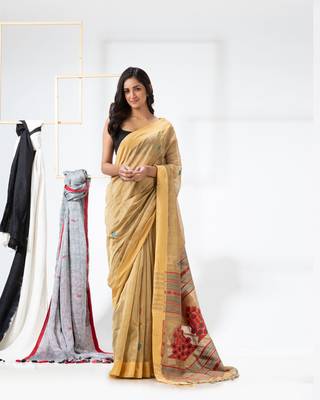 Light gold woven cotton silk saree with blouse 1