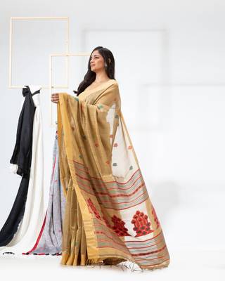 Light gold woven cotton silk saree with blouse 2