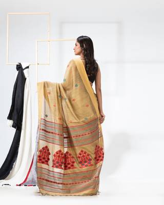 Light gold woven cotton silk saree with blouse 3