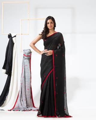 Black woven linen saree with blouse 1