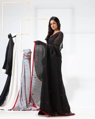 Black woven linen saree with blouse 3
