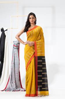 Yellow woven cotton silk saree with blouse