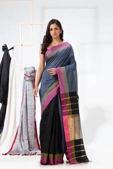 Grey woven cotton silk saree with blouse