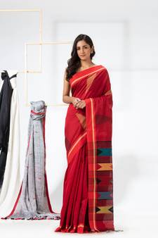 Red woven cotton silk saree with blouse