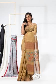 Tan woven cotton silk saree with blouse