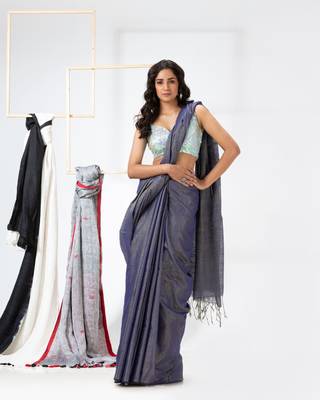 Blue woven cotton silk saree with blouse 4