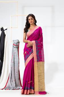 Rani pink woven cotton silk saree with blouse