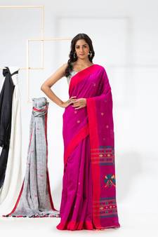 Rani pink woven cotton silk saree with blouse