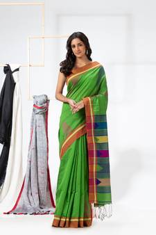 Green woven cotton silk saree with blouse