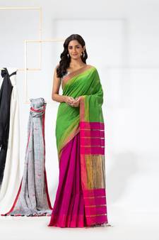 Pink woven cotton silk saree with blouse