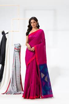 Rani pink woven cotton silk saree with blouse
