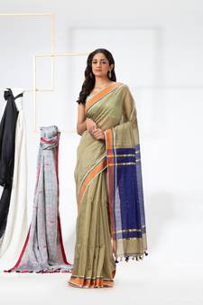 Beige woven cotton silk saree with blouse