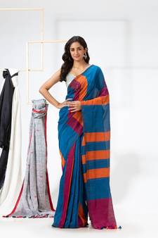 Blue woven cotton saree with blouse