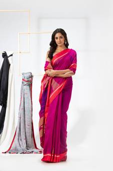 Rani pink woven cotton silk saree with blouse