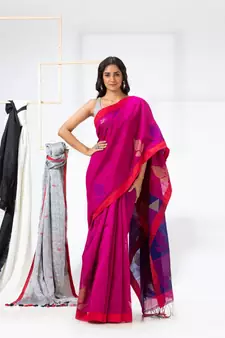 Rani pink woven cotton silk saree with blouse