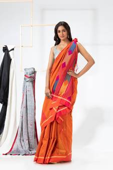 Orange woven cotton silk saree with blouse