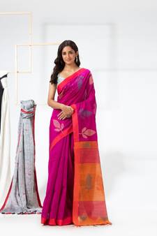 Rani pink woven cotton silk saree with blouse
