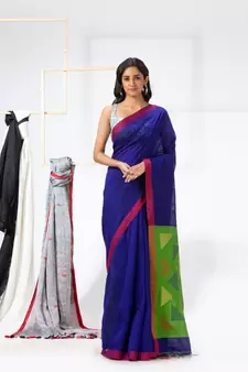 Blue woven cotton silk saree with blouse