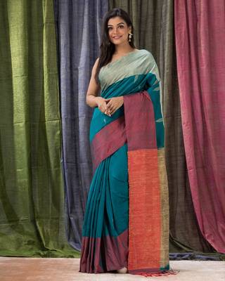 Teal woven cotton silk saree with blouse 1
