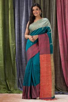 Teal woven cotton silk saree with blouse