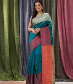 Teal woven cotton silk saree with blouse