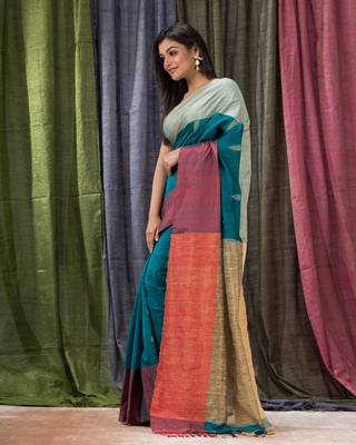 Teal woven cotton silk saree with blouse 2