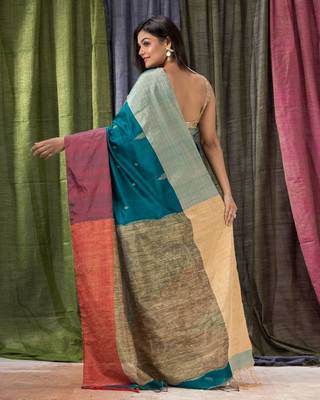 Teal woven cotton silk saree with blouse 3