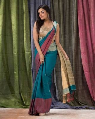 Teal woven cotton silk saree with blouse 4