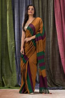 Dark orange woven cotton saree with blouse