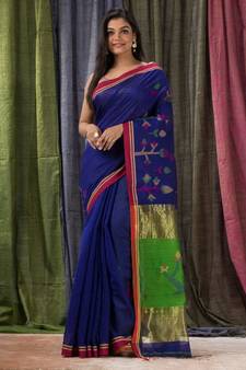 Blue woven cotton silk saree with blouse