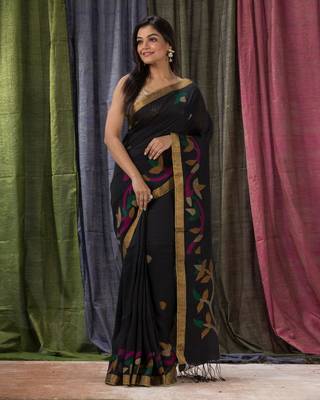 Black woven linen saree with blouse 1