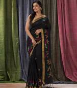 Black woven linen saree with blouse