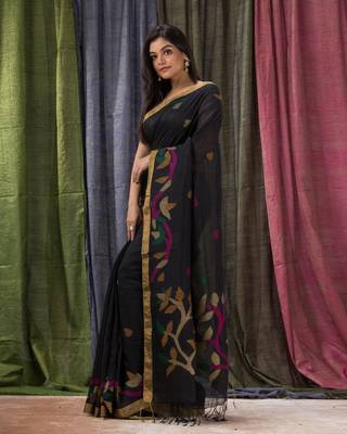 Black woven linen saree with blouse 2