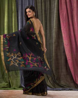 Black woven linen saree with blouse 3