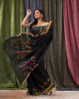 Black woven linen saree with blouse 4