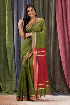 Olive woven cotton silk saree with blouse
