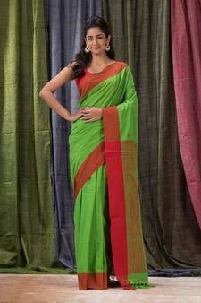 Parrot green woven cotton saree with blouse