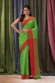 Parrot green woven cotton saree with blouse