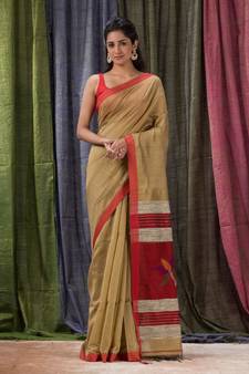Tan woven cotton silk saree with blouse